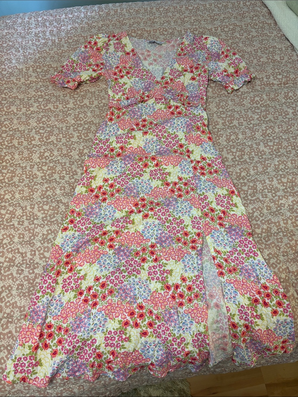 Sonoma Floral V-Neck Midi Dress in Pink, Lavender and Cream